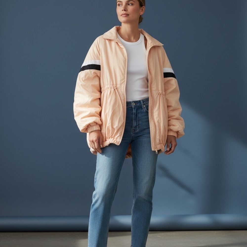 Free People Peach Puffer Jacket with Black Stripe